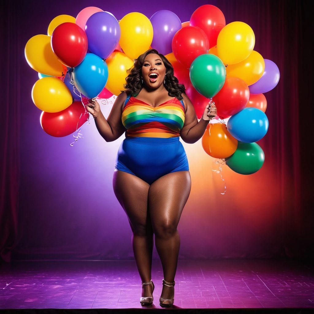 A vibrant and lively scene featuring a confident plus-size comedian, Big Booty Judy, performing on stage with a bright spotlight. The audience, diverse and engaged, is laughing and enjoying the performance. Include colorful balloons and playful props to reflect a humorous atmosphere. Emphasize Judy's personality with bold expressions and a stylish outfit. super-realistic. vibrant colors. dynamic background.