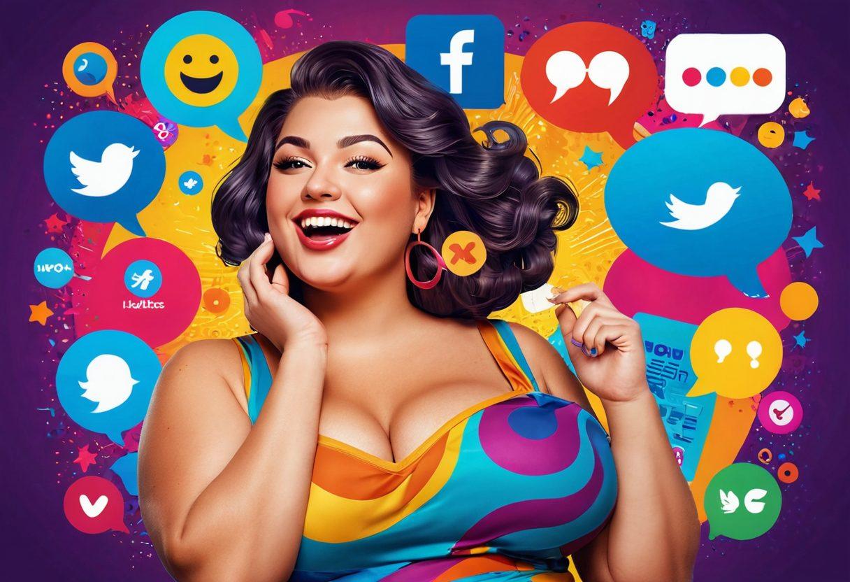 A playful and vibrant illustration of a curvy woman, humorously exaggerated in a confident pose, surrounded by social media icons and symbols of viral trends. In the background, bits of colorful pop art style elements like speech bubbles and laughter emojis, showcasing a fun and comedic atmosphere. The overall composition should feel lively, emphasizing the fusion of curves and humor in the digital age. A bright and engaging color palette to attract attention. vector art. vibrant colors.