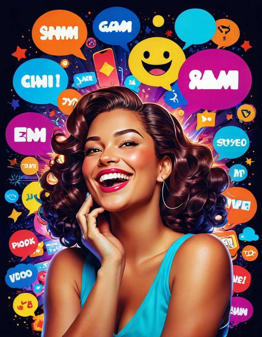 A playful and vibrant illustration of a confident woman with exaggerated curves, laughing joyfully while surrounded by retro digital entertainment elements like pixelated video game characters, colorful comic book style speech bubbles, and bright neon lights. The background should be a burst of colors that evoke a sense of fun and positivity, reflecting a lively digital atmosphere. cartoon style. vibrant colors. dynamic composition.